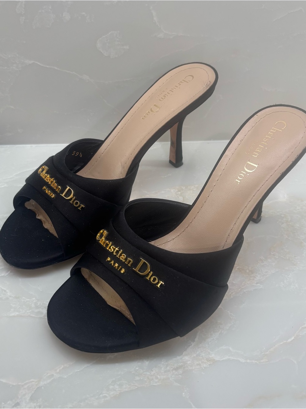 Christian Dior My Dior Heeled Slide Satin Sandals with Gold Logo - Picture 2 of 6